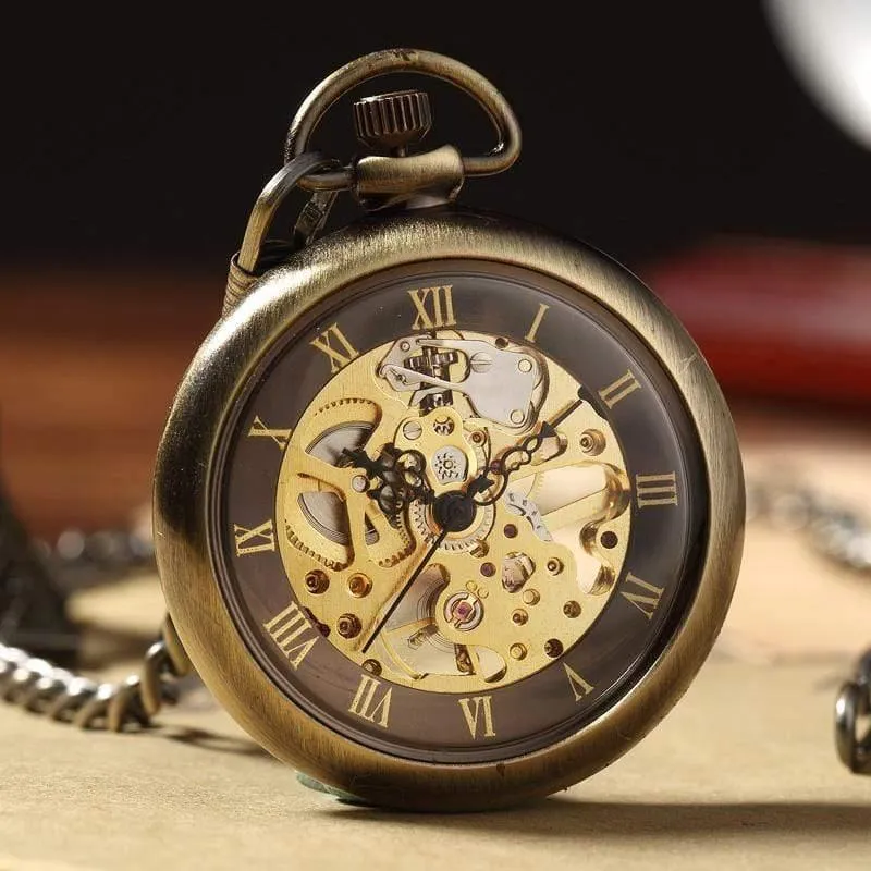 Retro Bronze römischen Zahlen mechanische Taschenuhr für Männer Frauen mit FOB Kettenskelett Handaufzug Taschenuhr