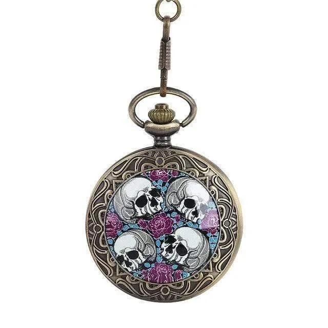 Quarz Taschenuhr Piraten Schädel Kopf Horror mit Kette Männer Frauen Anhänger Halskette Für Geschenk Weihnachten