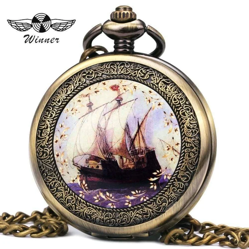 Taschenuhr, mechanisch, Skelett-Zifferblatt, antikes Segelboot, Blumen, geschnitzter Deckel, Anhänger, Kette, Geschenk