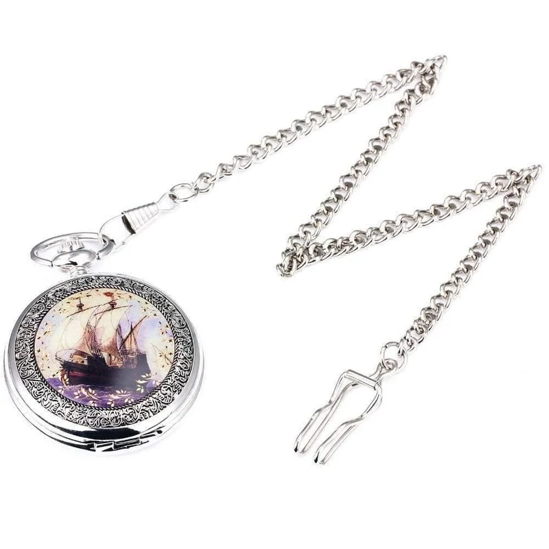 Taschenuhr, mechanisch, Skelett-Zifferblatt, antikes Segelboot, Blumen, geschnitzter Deckel, Anhänger, Kette, Geschenk