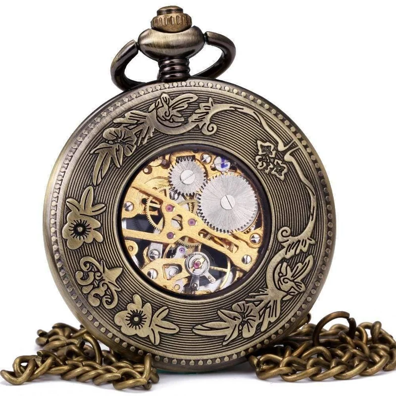 Taschenuhr, mechanisch, Skelett-Zifferblatt, antikes Segelboot, Blumen, geschnitzter Deckel, Anhänger, Kette, Geschenk