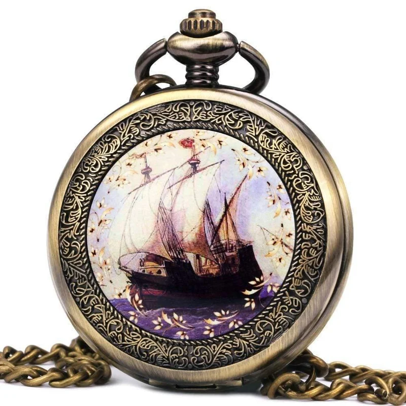Taschenuhr, mechanisch, Skelett-Zifferblatt, antikes Segelboot, Blumen, geschnitzter Deckel, Anhänger, Kette, Geschenk