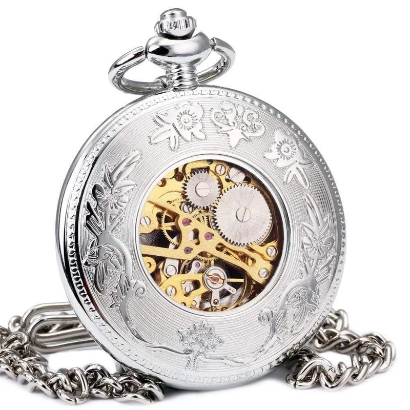 Taschenuhr, mechanisch, Skelett-Zifferblatt, antikes Segelboot, Blumen, geschnitzter Deckel, Anhänger, Kette, Geschenk