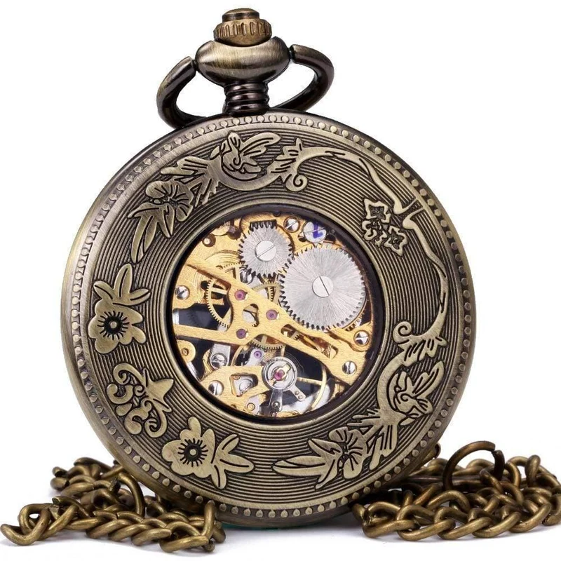 Taschenuhr, mechanisch, Skelett-Zifferblatt, antikes Segelboot, Blumen, geschnitzter Deckel, Anhänger, Kette, Geschenk