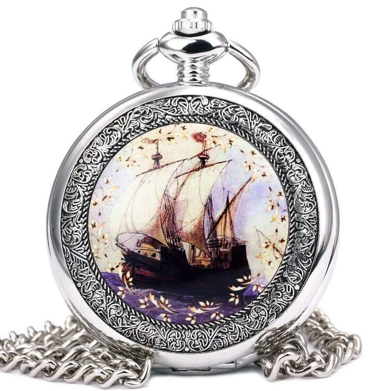 Taschenuhr, mechanisch, Skelett-Zifferblatt, antikes Segelboot, Blumen, geschnitzter Deckel, Anhänger, Kette, Geschenk