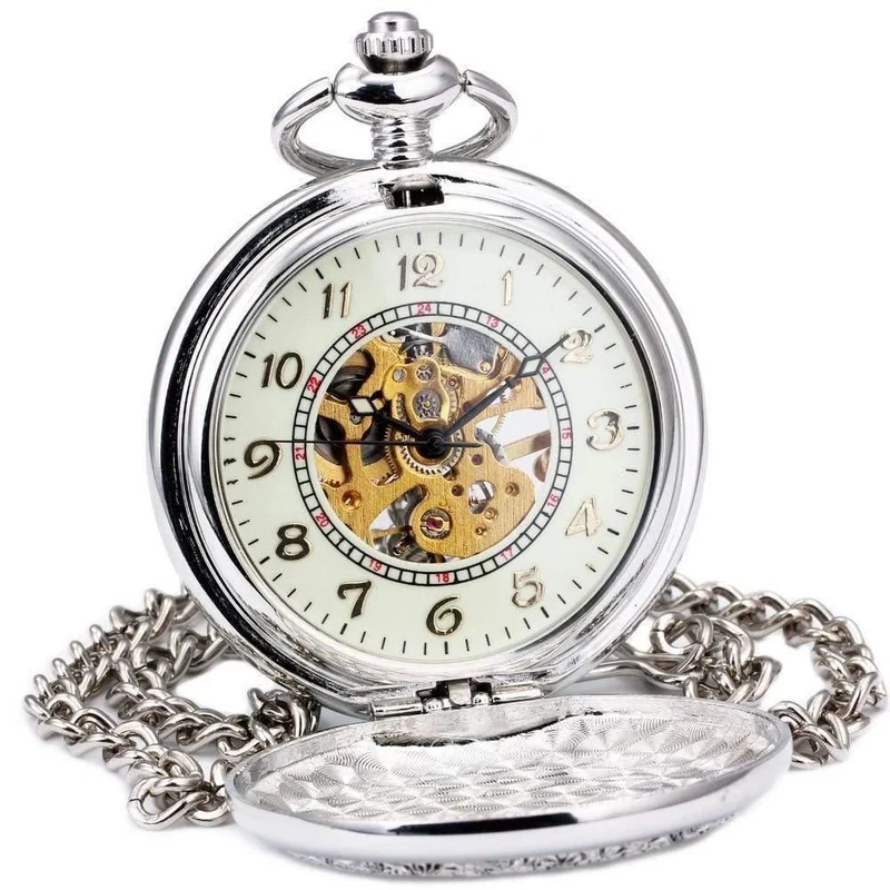 Taschenuhr, mechanisch, Skelett-Zifferblatt, antikes Segelboot, Blumen, geschnitzter Deckel, Anhänger, Kette, Geschenk