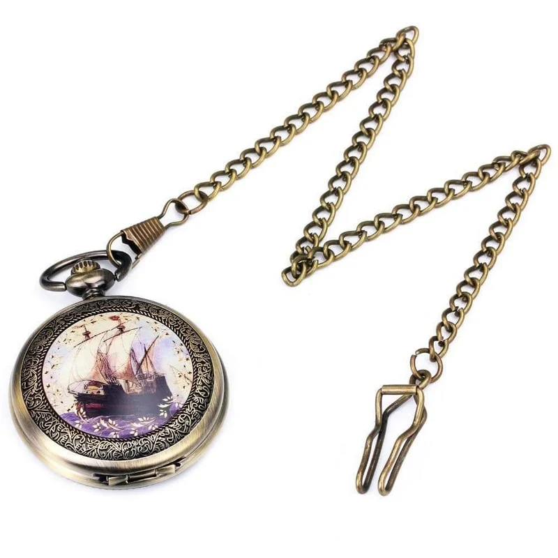 Taschenuhr, mechanisch, Skelett-Zifferblatt, antikes Segelboot, Blumen, geschnitzter Deckel, Anhänger, Kette, Geschenk