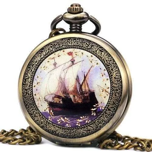 Taschenuhr, mechanisch, Skelett-Zifferblatt, antikes Segelboot, Blumen, geschnitzter Deckel, Anhänger, Kette, Geschenk