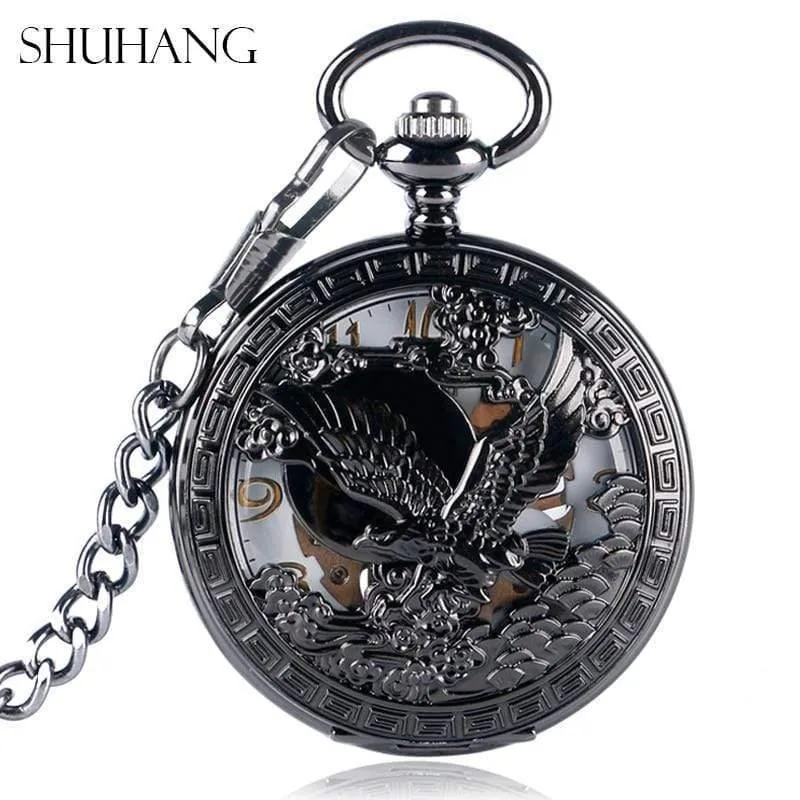 Uhren Cool Flying Eagle Hawk Mechanische Taschenuhr Skeleton Black Pendant Clock Herren Damenuhr mit Kette