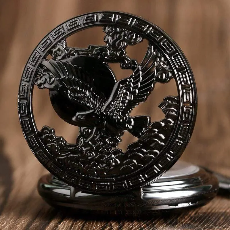 Uhren Cool Flying Eagle Hawk Mechanische Taschenuhr Skeleton Black Pendant Clock Herren Damenuhr mit Kette