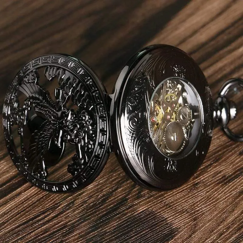 Uhren Cool Flying Eagle Hawk Mechanische Taschenuhr Skeleton Black Pendant Clock Herren Damenuhr mit Kette