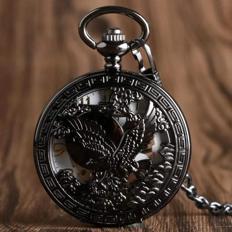 Uhren Cool Flying Eagle Hawk Mechanische Taschenuhr Skeleton Black Pendant Clock Herren Damenuhr mit Kette