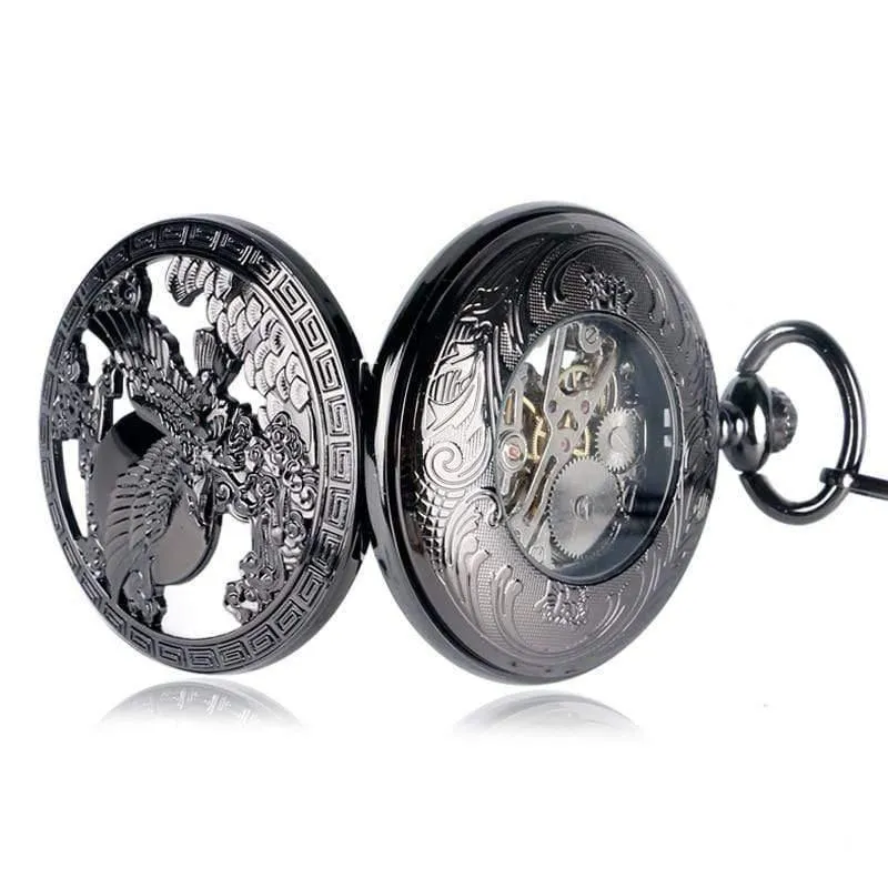 Uhren Cool Flying Eagle Hawk Mechanische Taschenuhr Skeleton Black Pendant Clock Herren Damenuhr mit Kette
