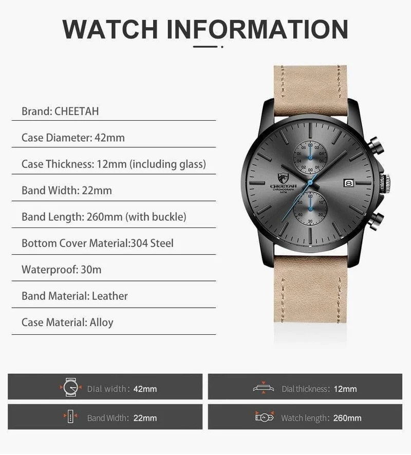Herrenuhr CHEETAH Brand Fashion Sport Quarzuhren Herren Leder Wasserdicht Chronograph Uhr Business Relogio Masculino
