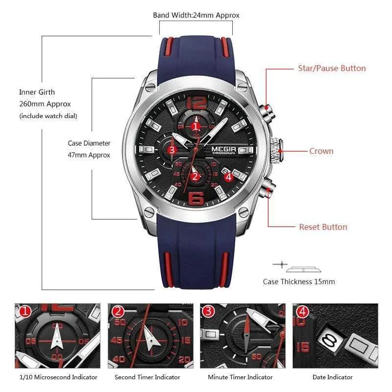 Herren-Chronograph, analoge Quarzuhr mit Datum, leuchtenden Zeigern, wasserdichtem Silikonarmband