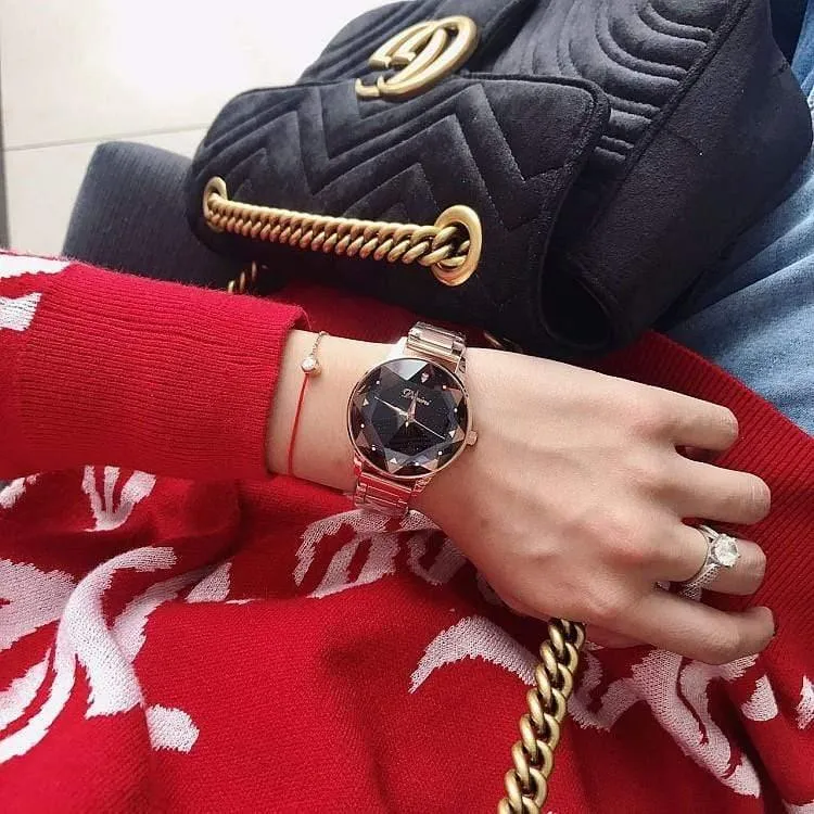 Uhr-Frauen-Kleid-Uhr-Mode-Rosen-Goldquarz passt weibliche Edelstahl-Armbanduhren auf