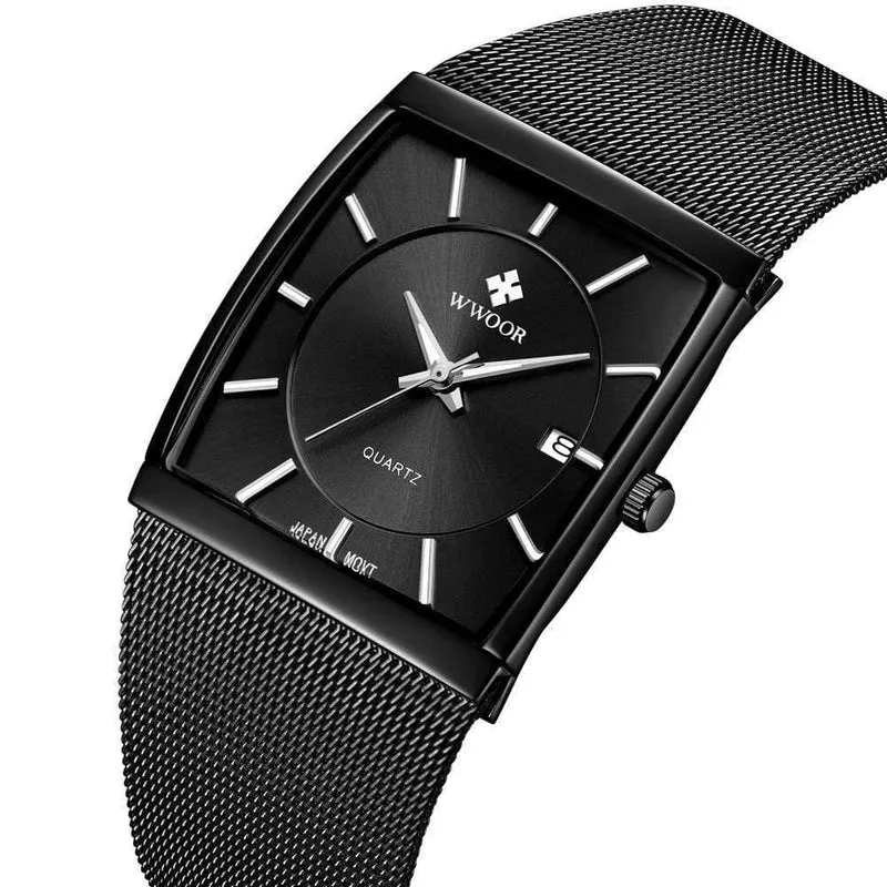 Armbanduhr für Herren, quadratisch, wasserdicht, für Herren, Luxus, schwarzes Stahlarmband, Sport-Armbanduhr