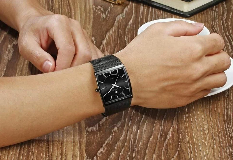 Armbanduhr für Herren, quadratisch, wasserdicht, für Herren, Luxus, schwarzes Stahlarmband, Sport-Armbanduhr