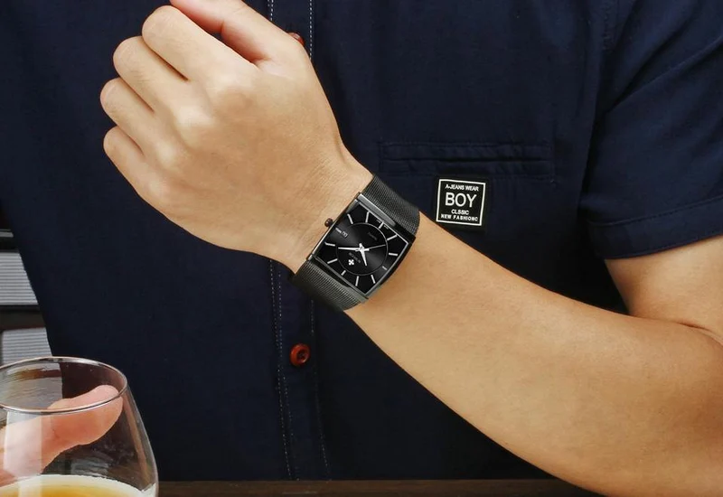 Armbanduhr für Herren, quadratisch, wasserdicht, für Herren, Luxus, schwarzes Stahlarmband, Sport-Armbanduhr