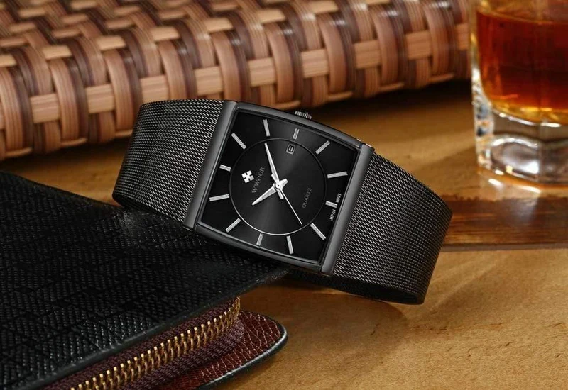 Armbanduhr für Herren, quadratisch, wasserdicht, für Herren, Luxus, schwarzes Stahlarmband, Sport-Armbanduhr