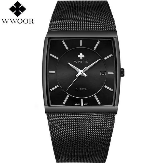 Armbanduhr für Herren, quadratisch, wasserdicht, für Herren, Luxus, schwarzes Stahlarmband, Sport-Armbanduhr