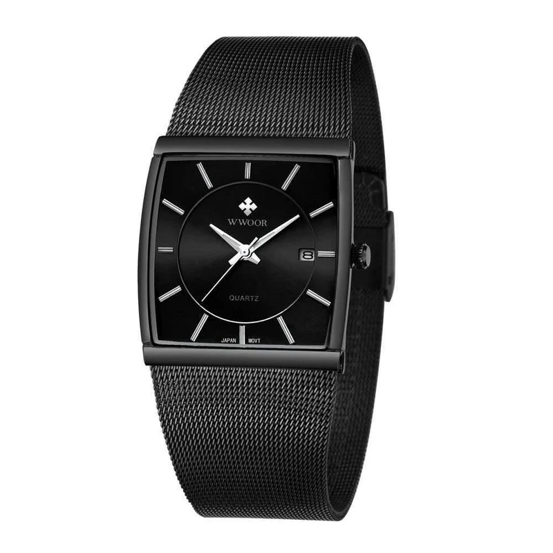 Armbanduhr für Herren, quadratisch, wasserdicht, für Herren, Luxus, schwarzes Stahlarmband, Sport-Armbanduhr