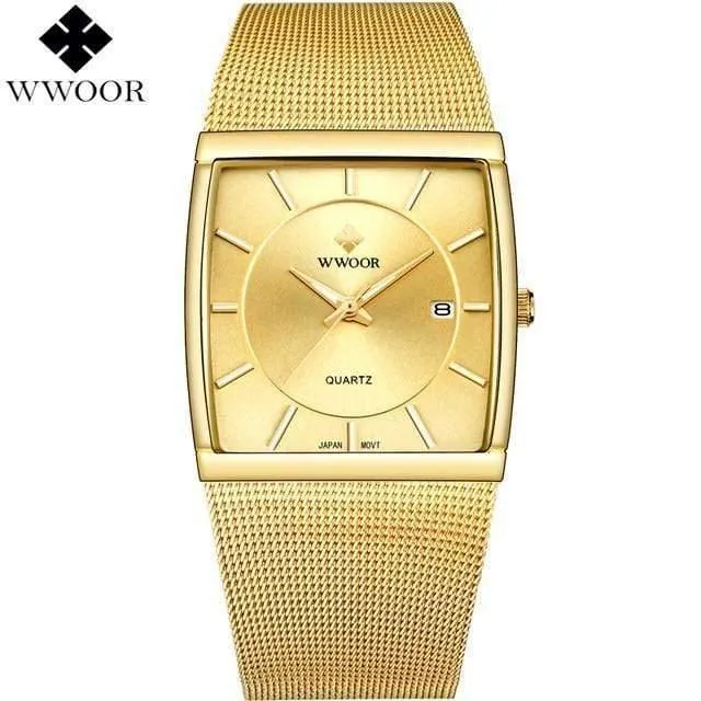 Armbanduhr für Herren, quadratisch, wasserdicht, für Herren, Luxus, schwarzes Stahlarmband, Sport-Armbanduhr