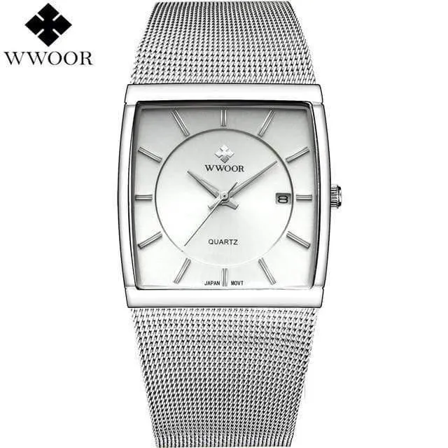 Armbanduhr für Herren, quadratisch, wasserdicht, für Herren, Luxus, schwarzes Stahlarmband, Sport-Armbanduhr