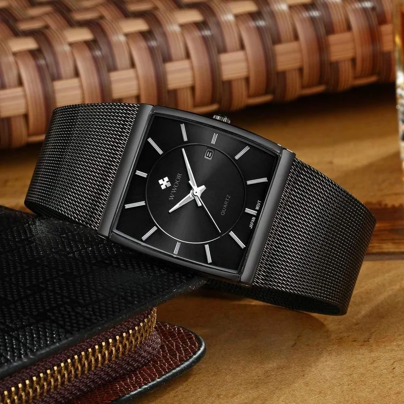 Armbanduhr für Herren, quadratisch, wasserdicht, für Herren, Luxus, schwarzes Stahlarmband, Sport-Armbanduhr
