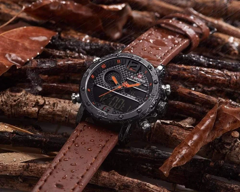 Herrenuhren Top-Marke Luxus Original Sportuhr Herren Leder 30M Wasserdicht Miliary Dual Display Armbanduhr Uhr