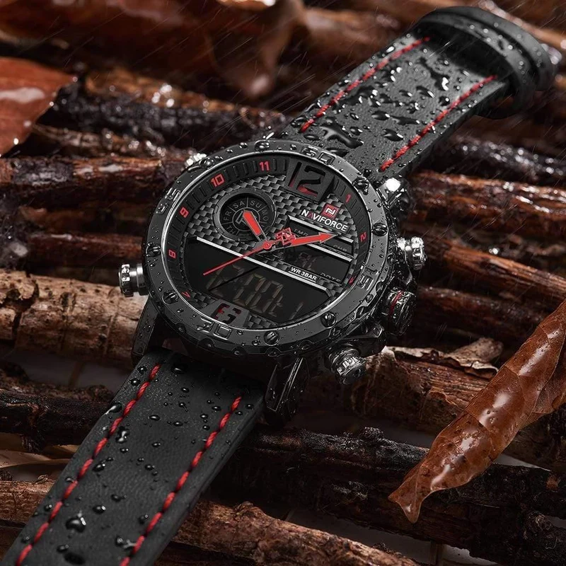 Herrenuhren Top-Marke Luxus Original Sportuhr Herren Leder 30M Wasserdicht Miliary Dual Display Armbanduhr Uhr