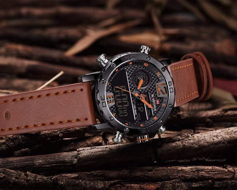 Herrenuhren Top-Marke Luxus Original Sportuhr Herren Leder 30M Wasserdicht Miliary Dual Display Armbanduhr Uhr