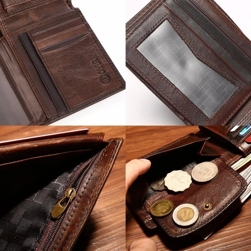 Echte Crazy Horse Leder Herren Geldbörsen Vintage Trifold Geldbörse Reißverschluss Münzfach Geldbörse Rindsleder Leder Rfid Geldbörse Für Männer