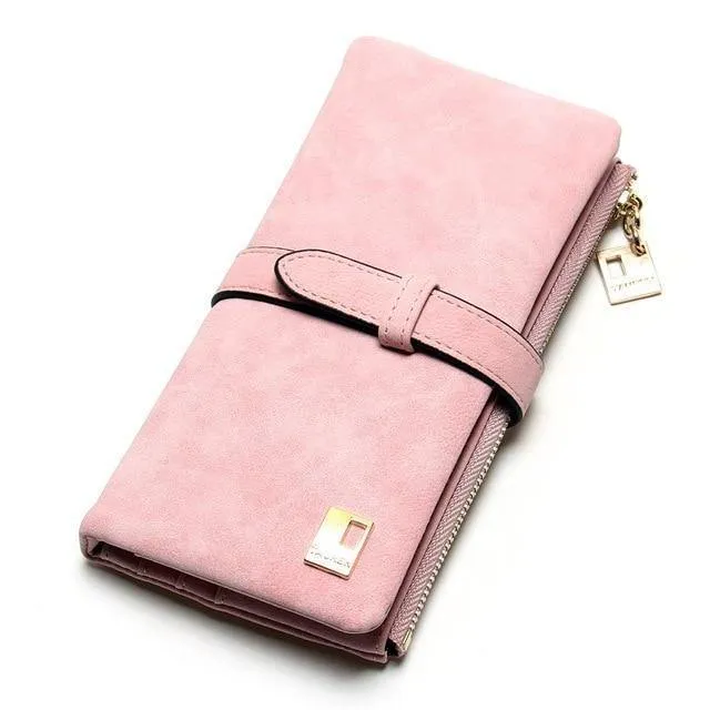 Modische Damen-Geldbörsen mit Kordelzug, Nubukleder, Reißverschluss, Damen-Geldbörse mit langem Design, zweifach mehrfarbige Clutch