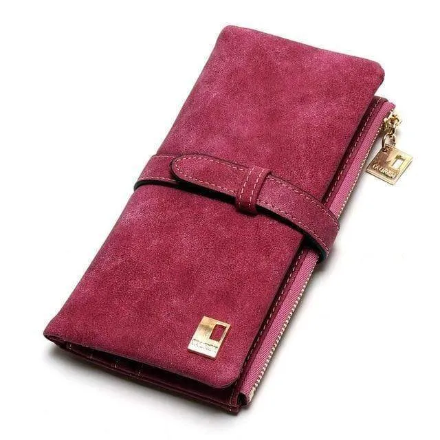 Modische Damen-Geldbörsen mit Kordelzug, Nubukleder, Reißverschluss, Damen-Geldbörse mit langem Design, zweifach mehrfarbige Clutch