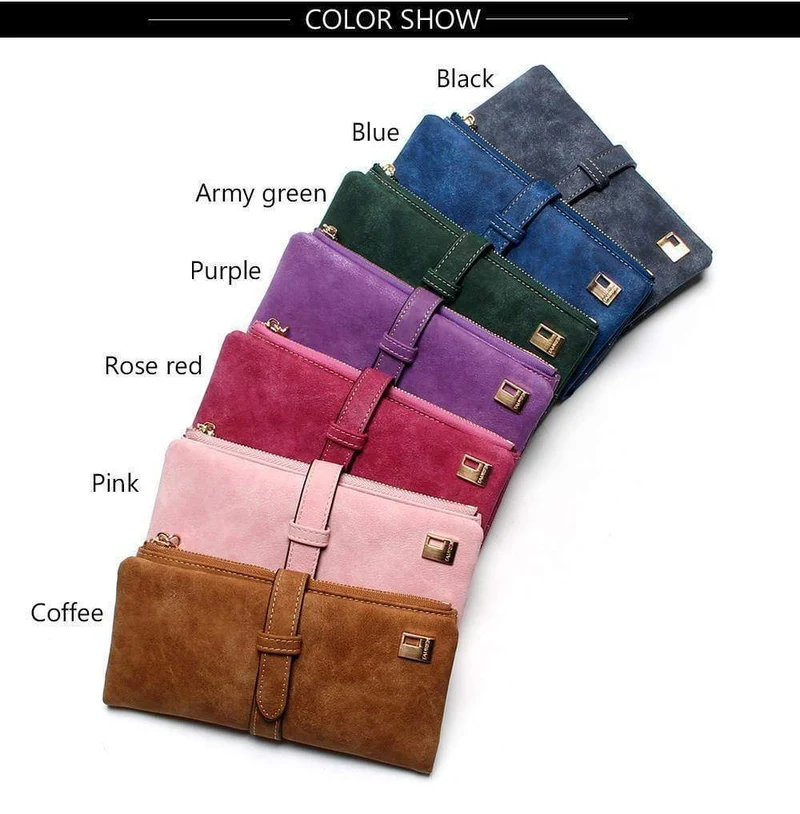 Modische Damen-Geldbörsen mit Kordelzug, Nubukleder, Reißverschluss, Damen-Geldbörse mit langem Design, zweifach mehrfarbige Clutch