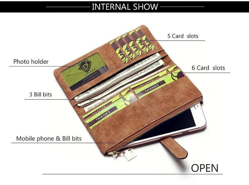 Modische Damen-Geldbörsen mit Kordelzug, Nubukleder, Reißverschluss, Damen-Geldbörse mit langem Design, zweifach mehrfarbige Clutch