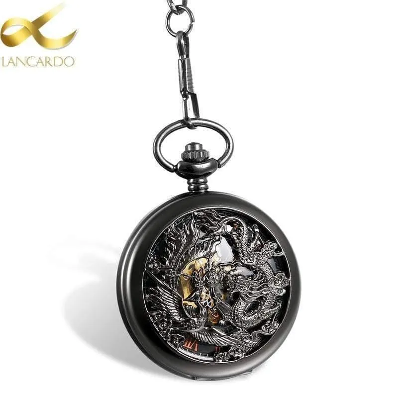 Mechanische Taschenuhren Herren Black Dragon / Phoenix Hollow Retro Halskette Taschenuhr mit Kette für Herren