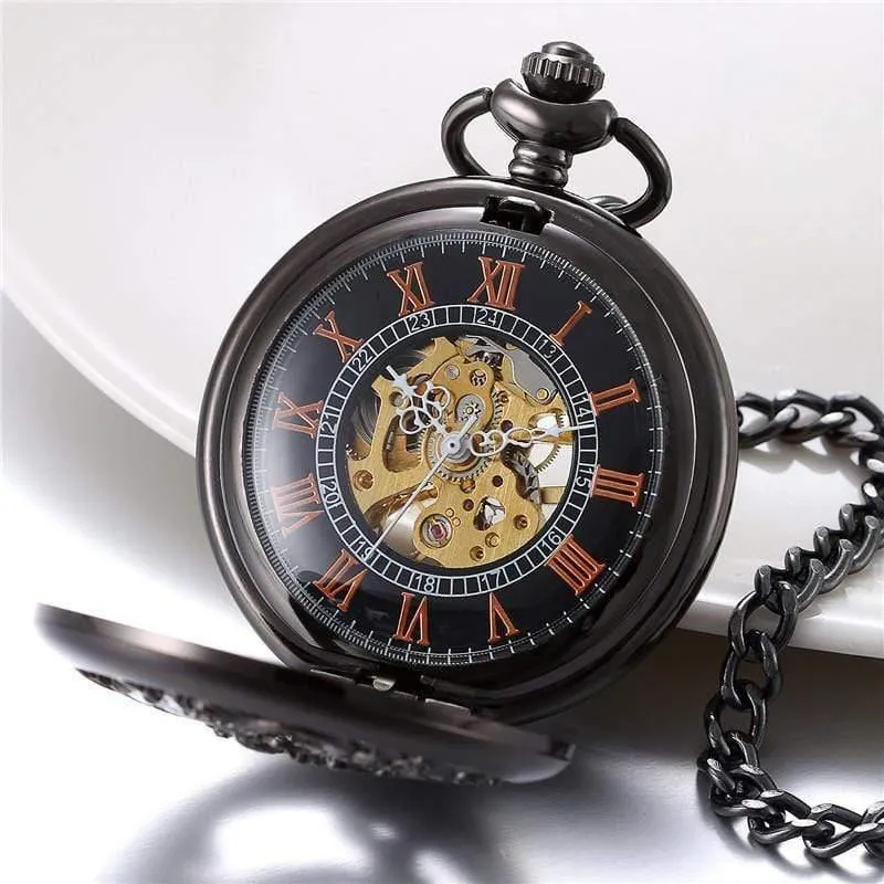 Mechanische Taschenuhren Herren Black Dragon / Phoenix Hollow Retro Halskette Taschenuhr mit Kette für Herren