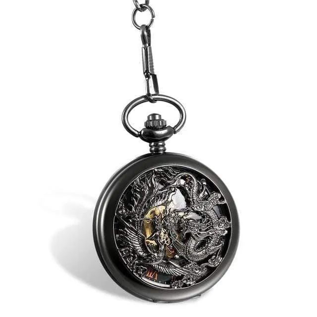 Mechanische Taschenuhren Herren Black Dragon / Phoenix Hollow Retro Halskette Taschenuhr mit Kette für Herren
