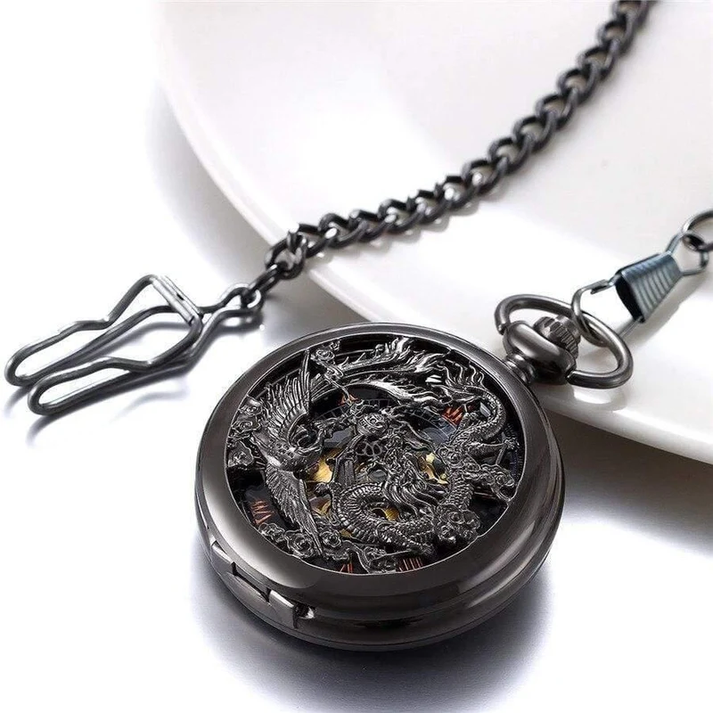 Mechanische Taschenuhren Herren Black Dragon / Phoenix Hollow Retro Halskette Taschenuhr mit Kette für Herren