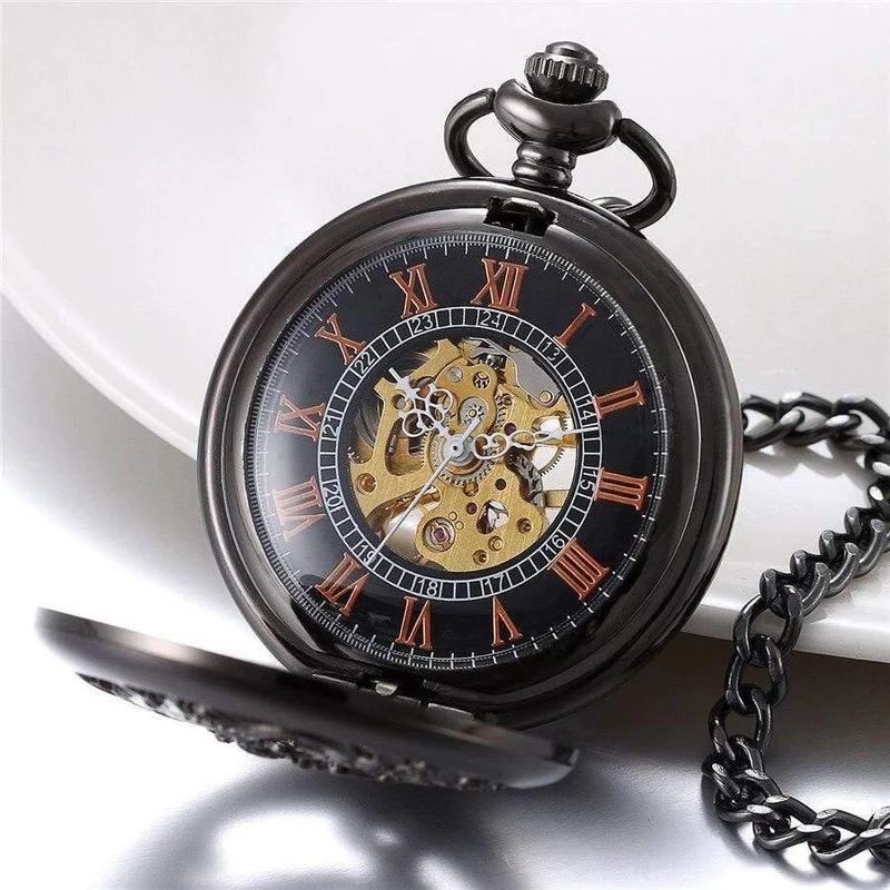 Mechanische Taschenuhren Herren Black Dragon / Phoenix Hollow Retro Halskette Taschenuhr mit Kette für Herren
