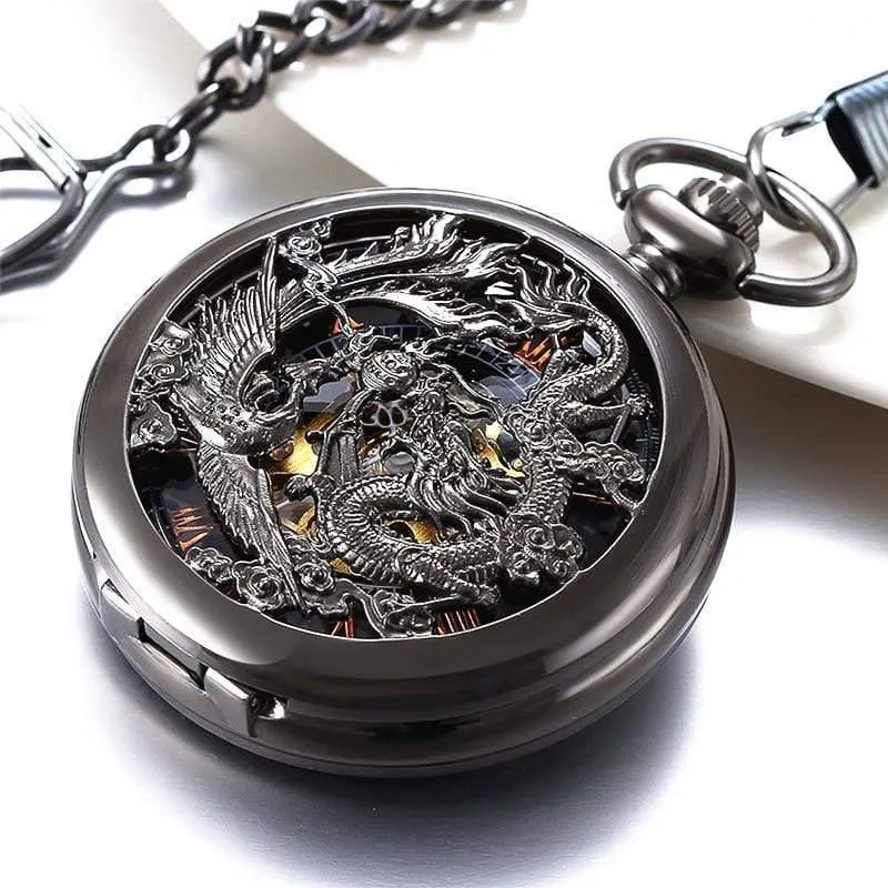 Mechanische Taschenuhren Herren Black Dragon / Phoenix Hollow Retro Halskette Taschenuhr mit Kette für Herren