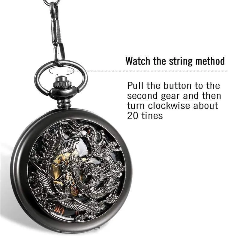 Mechanische Taschenuhren Herren Black Dragon / Phoenix Hollow Retro Halskette Taschenuhr mit Kette für Herren