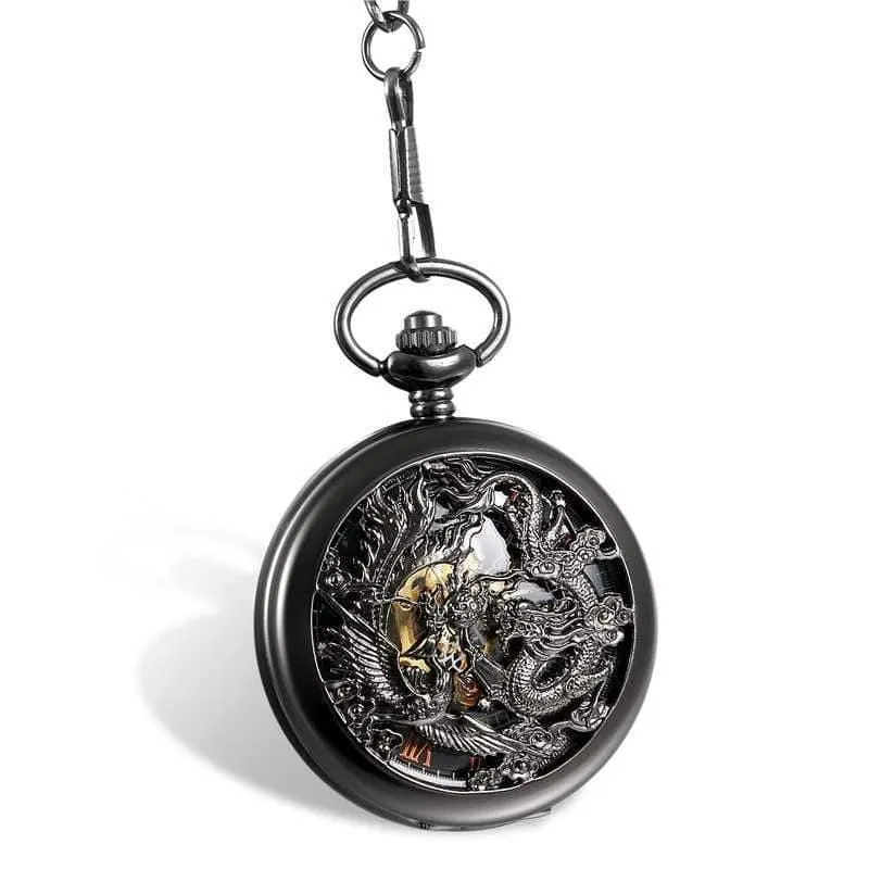 Mechanische Taschenuhren Herren Black Dragon / Phoenix Hollow Retro Halskette Taschenuhr mit Kette für Herren
