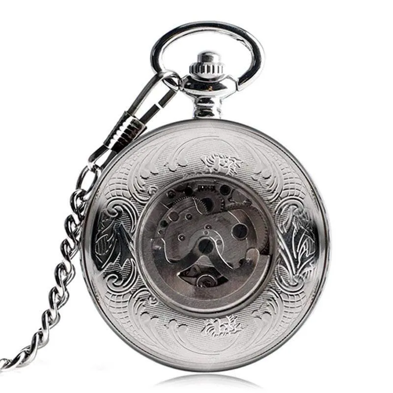 Männer Automatische Mechanische Silber Taschenuhr Mode Selbst Wind Streifen Frauen Männer Pflege Fob Uhr Schild Anhänger