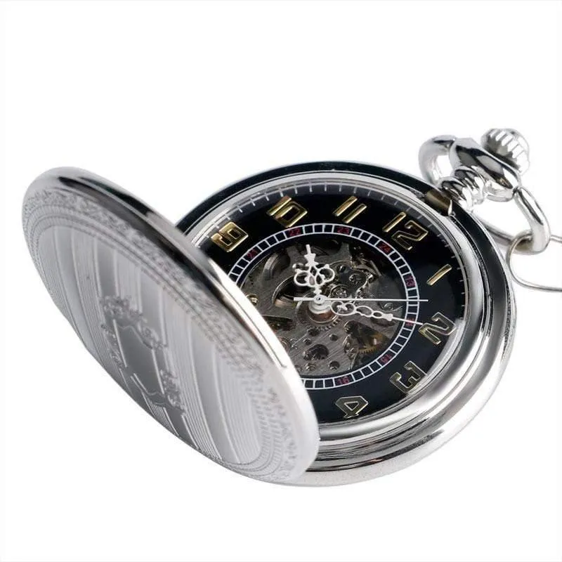 Männer Automatische Mechanische Silber Taschenuhr Mode Selbst Wind Streifen Frauen Männer Pflege Fob Uhr Schild Anhänger