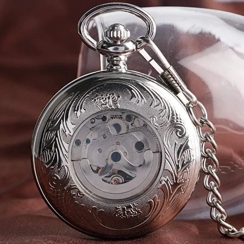 Männer Automatische Mechanische Silber Taschenuhr Mode Selbst Wind Streifen Frauen Männer Pflege Fob Uhr Schild Anhänger