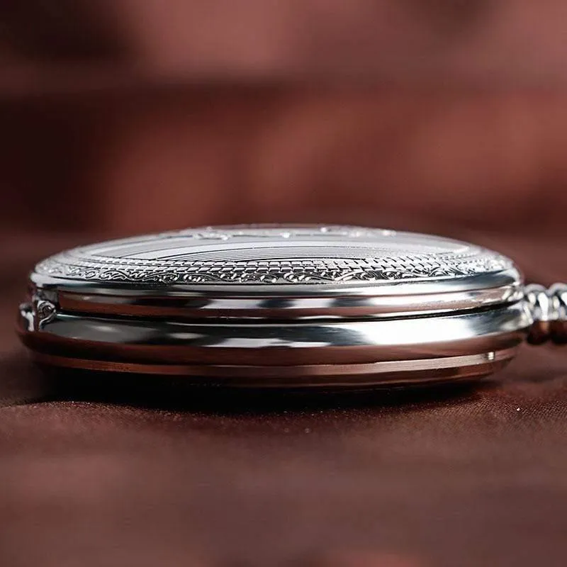 Männer Automatische Mechanische Silber Taschenuhr Mode Selbst Wind Streifen Frauen Männer Pflege Fob Uhr Schild Anhänger