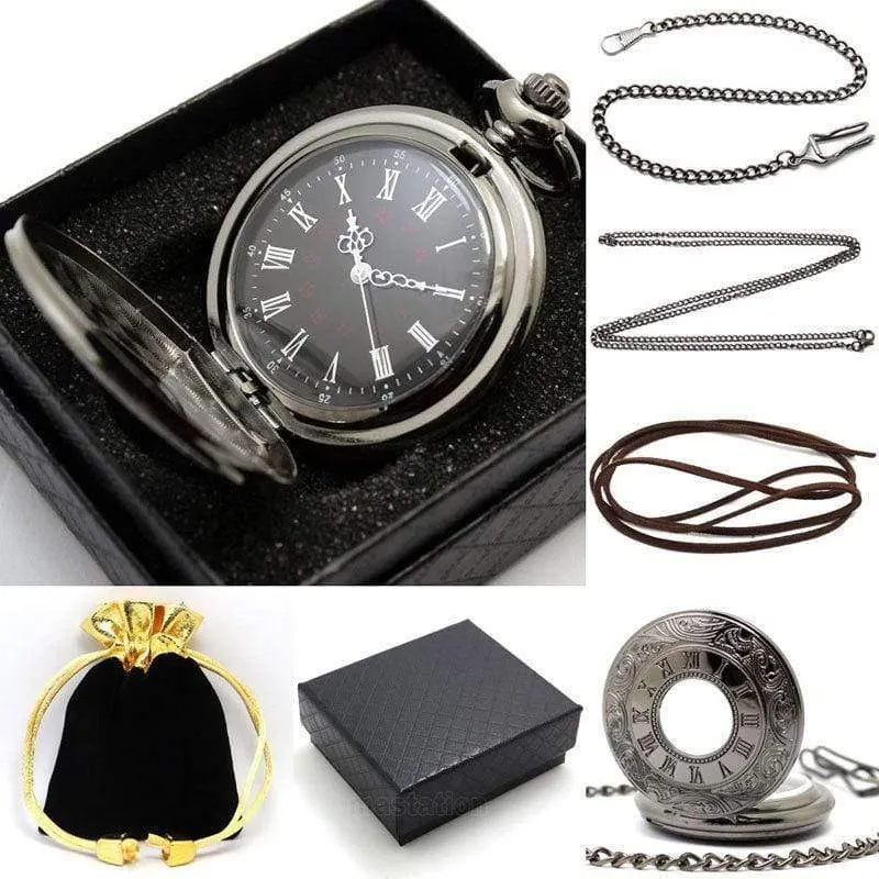 Vintage Schwarz Taschenuhr Quarz Uhren Kette Set Halskette Anhänger Geschenke Box Tasche Männer Frauen Geschenke Relogio De Bolso